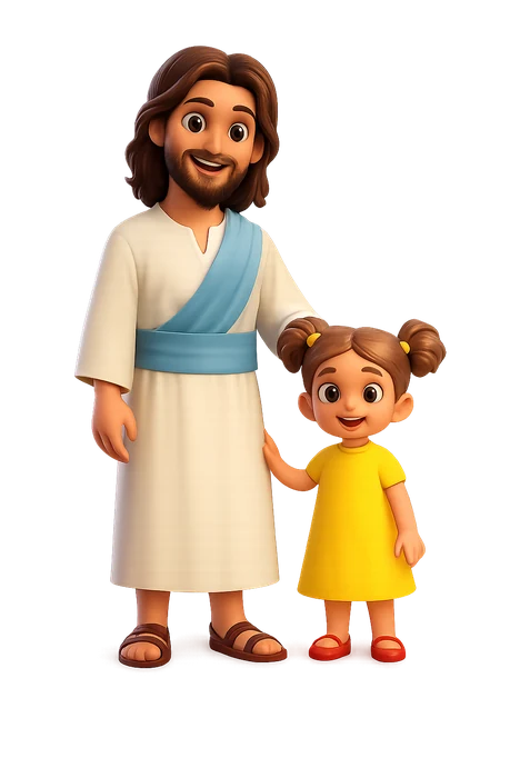 Jesus smiling with his little friend, a girl in a yellow dress
